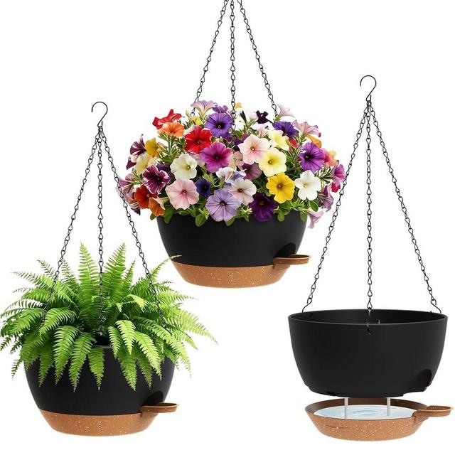 UOUZ Set of 3-10 Inch Self Watering Hanging Planters for Indoor Outdoor，Hanging Plant Pots with Drainage & Removable Tray, Hanging Pots Holder for Ivy, Pothos, Ferns, Balcony & Patio, Black with Brown