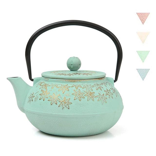 900ml Tea Kettle for Stove Top, Ouxinchi Cast Iron Teapot Stovetop Safe with Stainless Steel Infusers for Loose Tea, Maple Leaves Pattern, Green