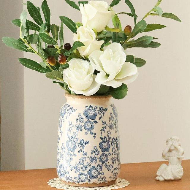 Ronasip Vintage Blue and White Chinoiserie Ceramic Vase, 6.9” Hand-Painted Peony Floral Design, Antique Style Home Decor