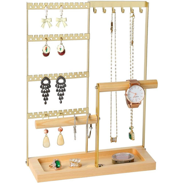 Jewelry Organizer Stand, Jewelry Holder, Lengnoy 4 Tier Earring Holder with 48 Holes and 6 Hooks Necklace Organizer Wood Box for Necklace Bracelet Earring Ring, Gold
