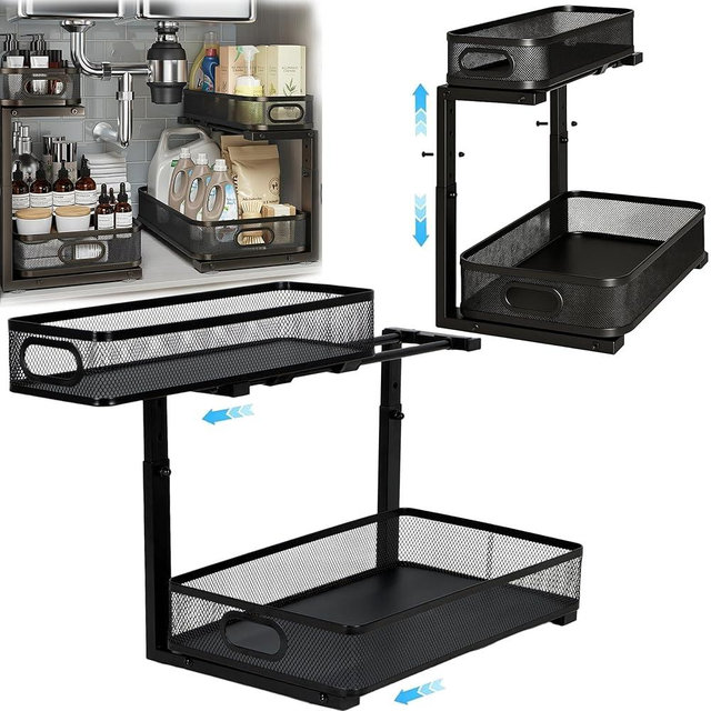 ValorTiger 2 Pack Under Sink Organizer, Dual-Layer Pull Out Mesh Cabinet Rack with 5-Level Height Adjustment, Rust-Resistant Sliding Storage for Bathroom & Kitchen, Multi-Purpose 2-Tier Shelf(Black)