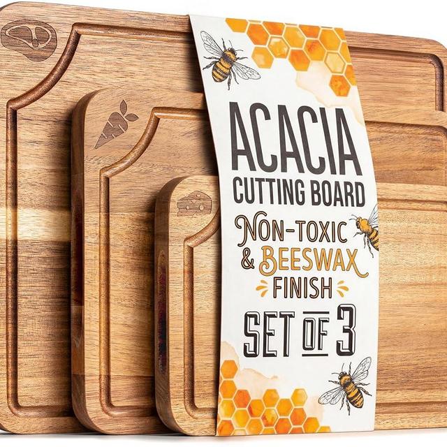 Non Toxic Cutting Boards for Kitchen - Beeswax Finished Acacia Wood Chopping Board Set of 3 (15.7x12,13x9.4,10x7 in) (Acacia Wood, 3 Pack Beeswax Finish - without Stand)