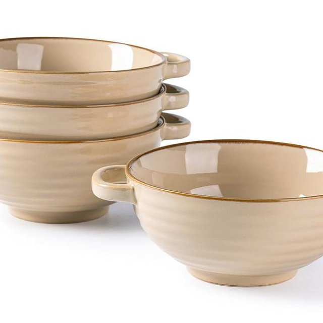 GBHOME Ceramic Soup Bowls with Double Handles, 24 OZ Soup Cups Set for Soup, Cereal, Stew, Salad, Noodles, Ramen，Microware &Dishwasher Safe, Set of 4