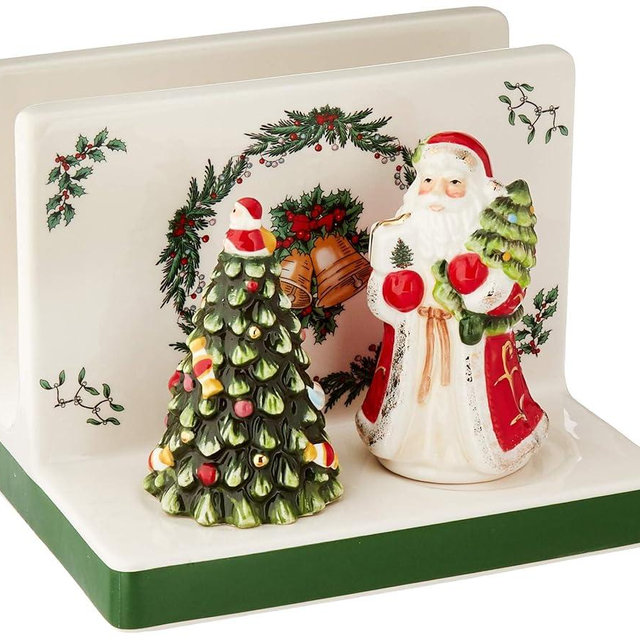 Spode Christmas Tree 3-Piece Hostess Set - Napkin Holder, Salt Shaker, Pepper Shaker (Santa & Tree Figural) - Festive Earthenware for Christmas, Holiday Entertaining - Collectible Gift Set