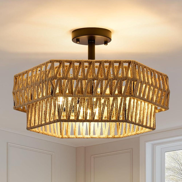 XSDeTu Farmhouse Semi Flush Mount Ceiling Light, 3-Light Boho Light Fixtures Ceiling，Rustic Woven Hemp Rope Ceiling Lamp, Double Hexagonal Flush Mount Light Fixture for Hallway, Kitchen, Bedroom