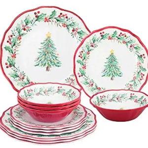 UPware 12 Piece Christmas Tree Melamine Dinnerware Sets, Outdoor Dishes Set, Plates and Bowls Sets, Christmas Decorations, Service for 4, Red