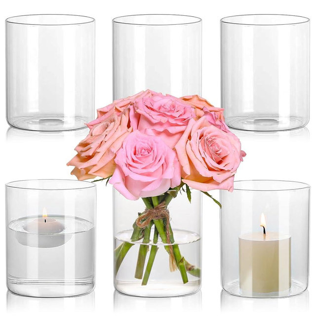 SUPMIND Glass Cylinder Vase Set of 6 for Centerpieces, 5 Inch Short Clear Flower Vases Bulk, Glass Hurricane Candle Holder for Table, Floating Candle Vases for Wedding Home Décor