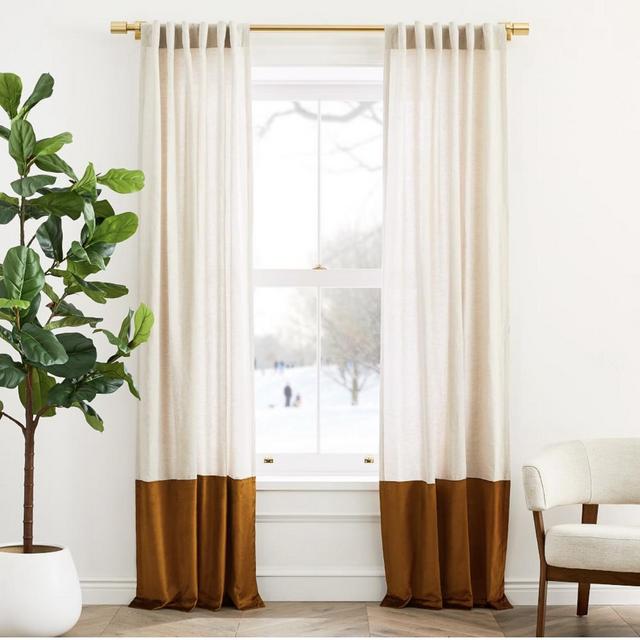 European Flax Linen & Luster Velvet Curtain - Natural/Golden Oak 48” W x 96” L