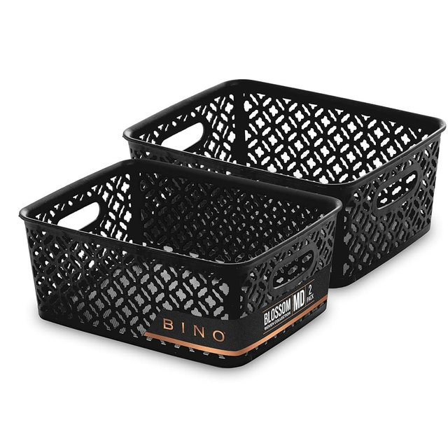 BINO l Plastic Storage Baskets, Medium - Black | THE BLOSSOM COLLECTION l Multi-Use Organizer Bin l Built-in Handles l Plastic Woven Basket for Organizing l Pantry & Home Organizing Basket