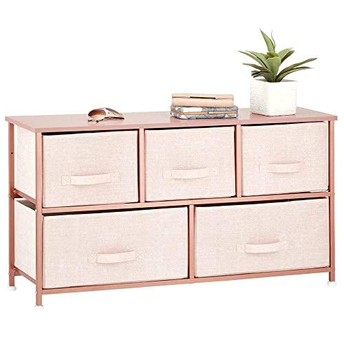 mDesign Extra Wide Dresser Storage Tower - Sturdy Steel Frame, Wood Top, Easy Pull Fabric Bins - Organizer Unit for Bedroom, Hallway, Entryway, Closets - Textured Print - 5 Drawers - Pink/Rose Gold