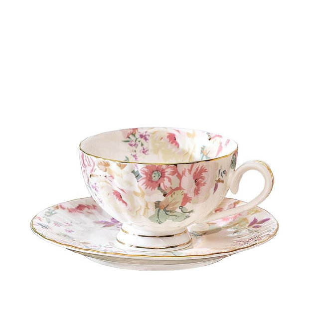fanquare Pink Floral Tea Cup and Saucer Set with Spoon, 8 Ounce Porcelain Coffee Cup with Gold Trim, Vintage Peony Teacups for Women and Tea Parties
