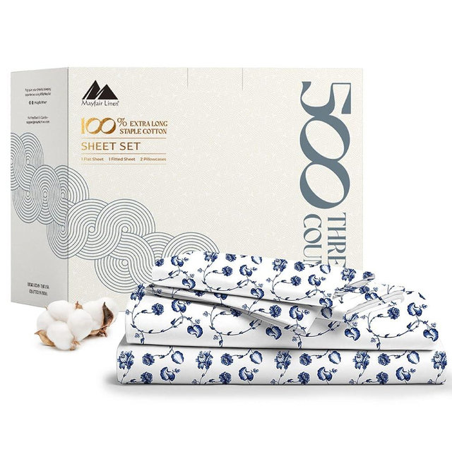 Mayfair Linen 100% Cotton Printed Bed Sheets - 500 TC 4 Pc Floral Blue Printed Queen Sheet Set for Queen Size Bed - Hotel Luxury Sateen Weave Bedsheets - Deep Pockets - Breathable & Cooling Sheets