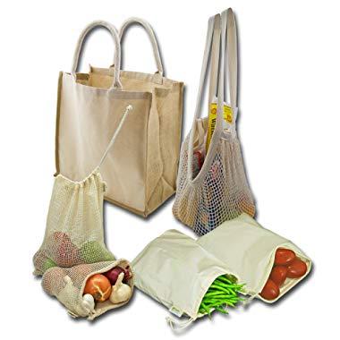 Simple Ecology Reusable Farmers Market Shopping 6 Bag Gift or Starter Set, Durable, Organic Cotton and Jute, Natural with Brown