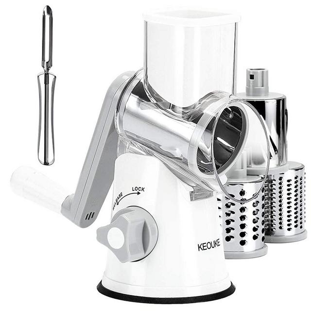 KEOUKE Vegetable Cheese Grater Slicer - Rotary Handheld Grater Shredder Grinder with a Stainless Steel Peeler (White)