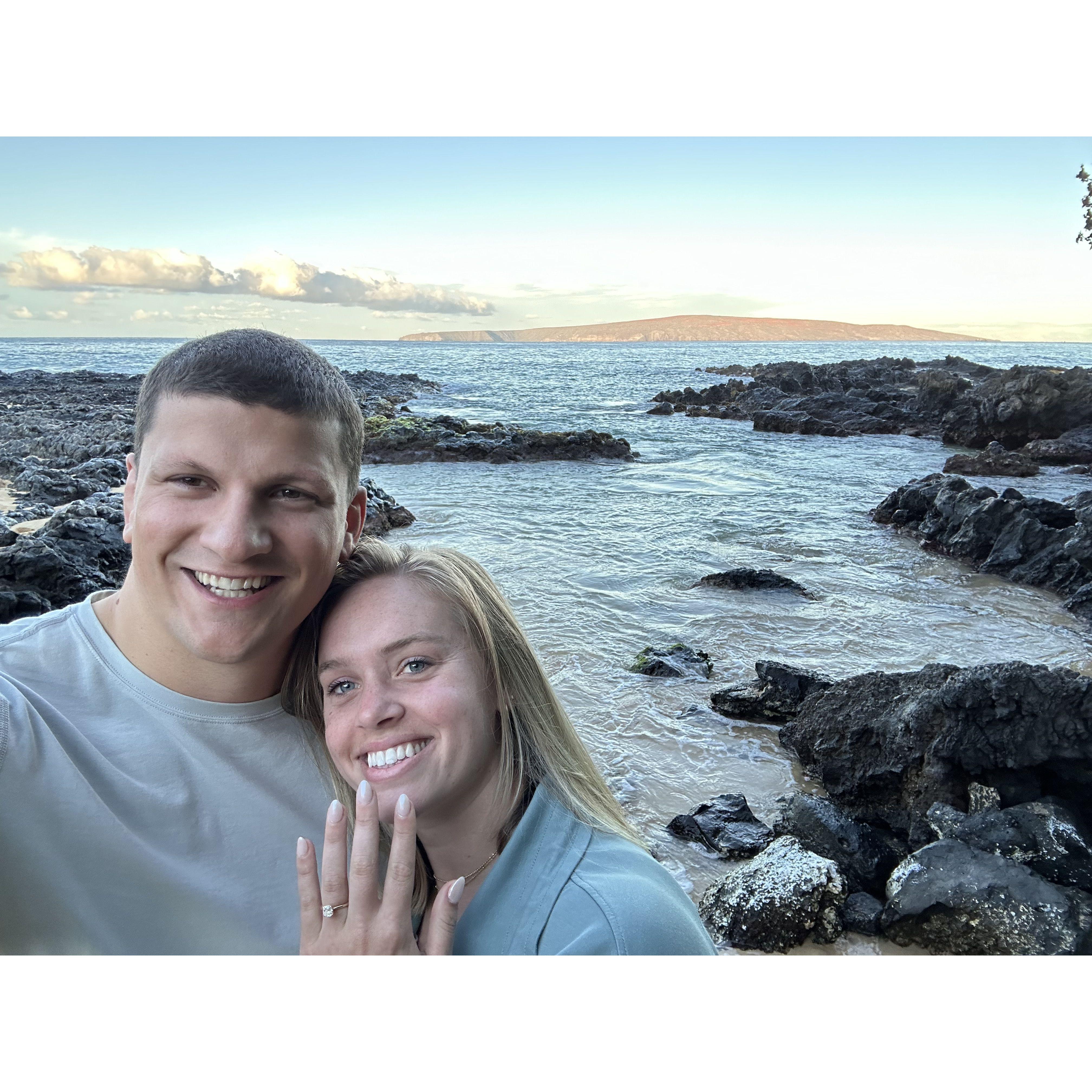 We got engaged during sunrise at Secret Cove in Maui, HI!
