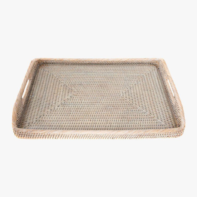 Tava Handwoven Rattan Rectangular Serving Tray With Glass Insert, 21"L X 14"W, White Wash