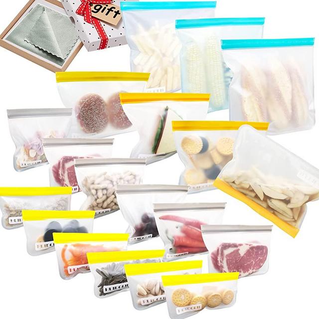 Reusable Food Storage Bags,19pack-Bpa Free,Leakproof Reusable Freezer Bags,10 Reusable Sandwich Bags,3 Reusable Gallon Bags,6 Reusable Snack Bags,Reusable Ziploc Bags Silicone