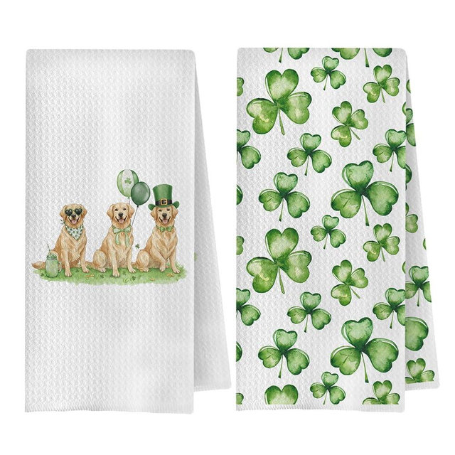 QWZDRHYJI St. Patrick's Day Shamrock Golden Retriever Kitchen Towels, Golden Retriever Gifts Dish Tea Towels, Irish Clovers Dog Decorative Hand Towel for Kitchen Bathroom, 16x24 Inch Set of 2