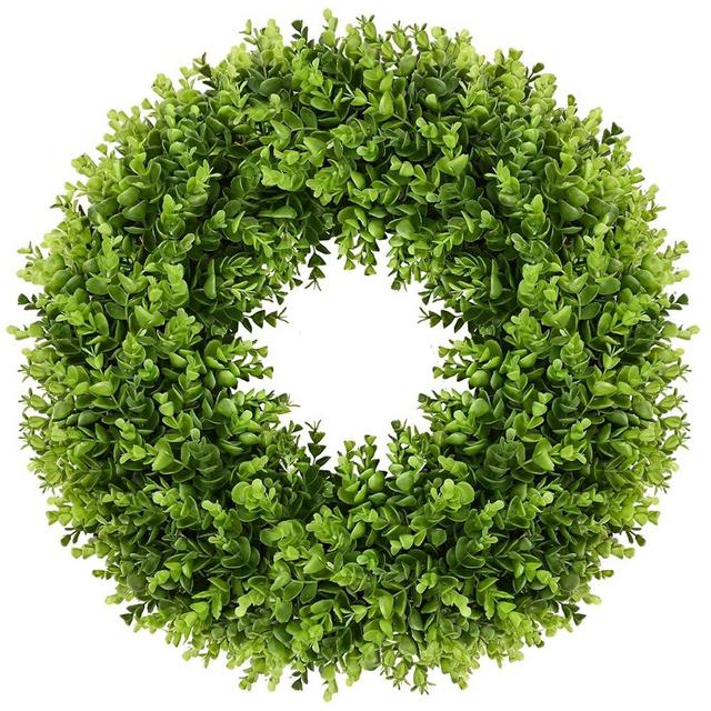 Boxwood Wreath, Vlorart Artificial Boxwood Wreath Front Door Wreaths Artificial Spring Summer Greenery Hanging with A Plaid Bowand Sash for Front Door Wall Hanging