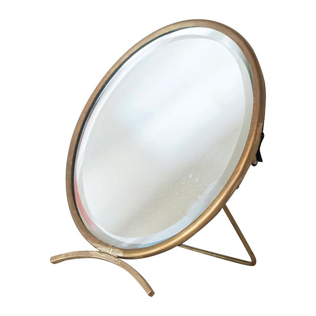 Creative Co-Op Brass Round Mirror On Stand in Antique Finish, Gold