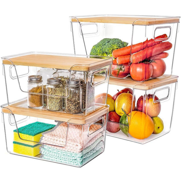 Criusia 2 Large and 2 Small Pantry Organizers and Storage with Bamboo Lids, Stackable Clear Bins for Onion, Potato, Fruit, Vegetables, Trash Bag Dispenser, Kitchen and Under Sink Organizer