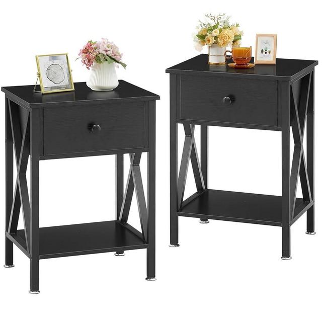 VECELO Night Stands for Bedroom Rustic Bedside End Tables with Drawer Storage, Nightstand (Set of 2), Black(Set of 2)
