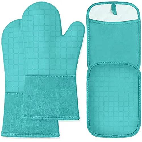 HOMWE Silicone Oven Mitts and Pot Holders for Kitchen & Baking - Set of 4 Heat-Resistant, Heavy-Duty Cooking Mittens w/ Non-Slip, Textured Grip, Aqua