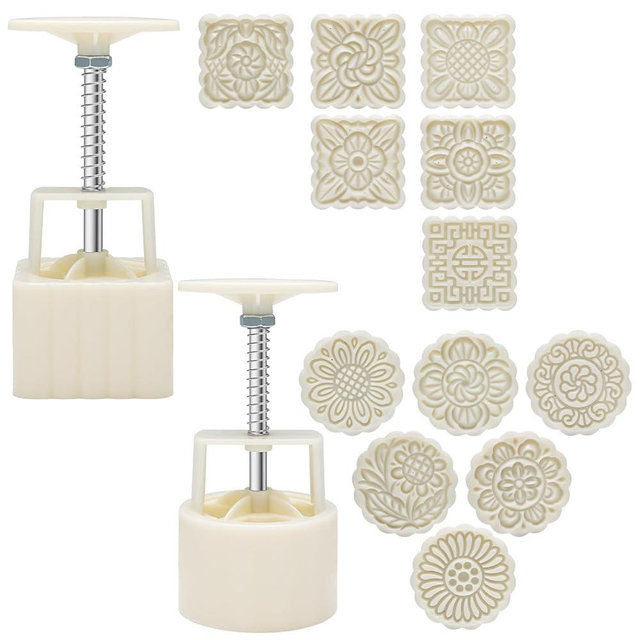 Luxiv Moon Cake Mould, 12 PCS Pattern Hand-Pressure Mooncake Molds for Mid-Autumn DIY Pastry Tool 2 Set with 6pcs Round Flower Mooncake Mode and 6 Pcs Square Pattern Mooncake Mould (White, 100g)