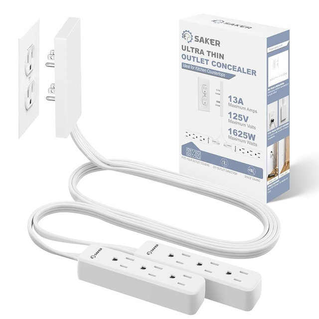 Saker Dual 5ft Flat Extension Cord with 6 Outlets, 1625W | Outlet Cover Extension Cord, Flat Plug, Baby Proof, Universal Size for Home, Kitchen, Office | Safe Outlet Concealer
