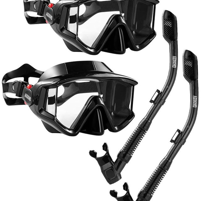 Aegend Snorkeling Gear for Adults Youth Kids, Dry Snorkel Set Panoramic View Enhanced Anti-Leak and Anti-Fog Technology, Adjustable Strap for Snorkeling Scuba Diving Swimming with Mesh Bag