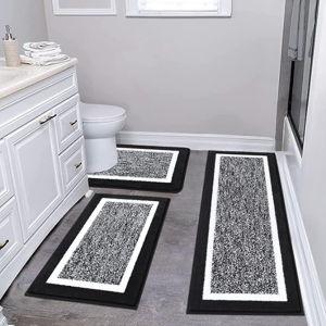 Pauwer Bathroom Rug Mat Set 3 Piece, Microfiber Shaggy Bath Set, Non-Slip Ultra Soft Carpet Mats, Absorbent with U-Shaped Toilet for Bathroom, Tub, Shower, Black