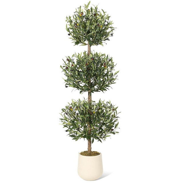 5 ft Artificial Olive Tree, Triple Ball Topiary Faux Plant with Moss & Pot, Outdoor Indoor Realistic Fake Shrubs Trees, Round Bushes Fake Shrubs Potted for Home Offices Porch Decor, Set of 1