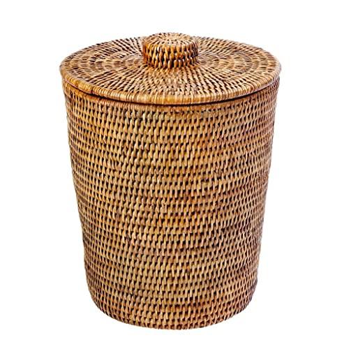 KOUBOO 1030073 La Jolla Rattan Round Waste Basket with Plastic Insert & Lid, 9.5" x 9.5" x 12.5", Honey Brown