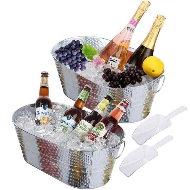 2 Pack Galvanized Tub with Handles - Beverage Tub with 2 Ice Scoops, 2.4 Gallon Ice Bucket for Parties, Metal Drink Buckets for Parties for Champagne Cocktails Wine Cooling for Mimosa Bar Supplies