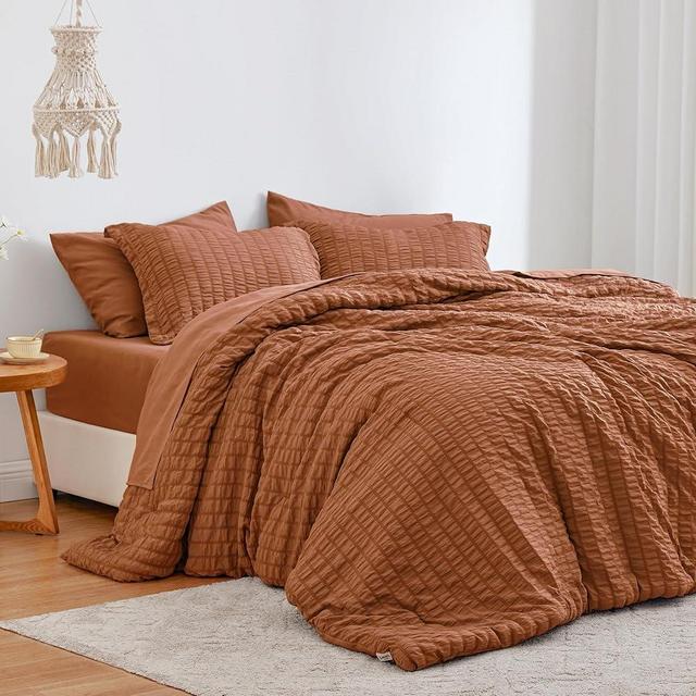 Love's cabin Seersucker Terracotta Queen Comforter Set 7 Pieces, All Season Bedding Set, Queen Bed in a Bag Comforter Set with Comforter, Flat Sheet, Fitted Sheet, Pillowcase and Pillow Sham