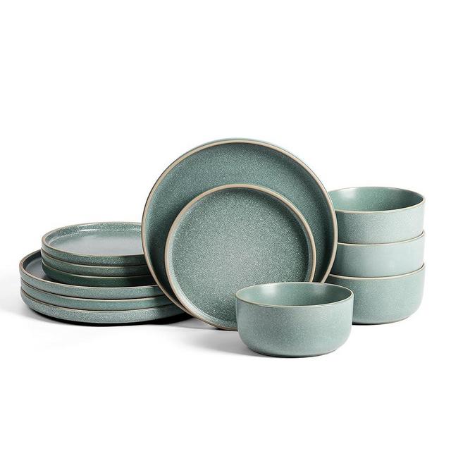 Earth & Clay Amber 12-Piece Dinnerware Set Stoneware, Dishwasher and Microwave Safe Plates and Bowls Set, Dish Set for 4, Green