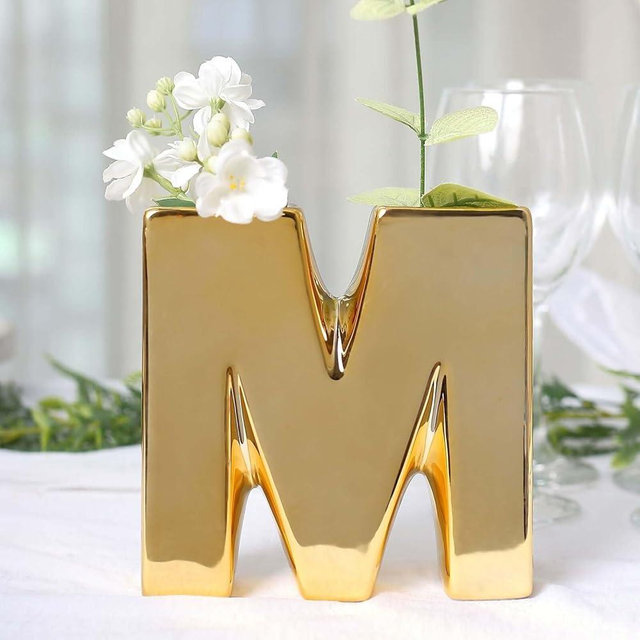 Efavormart 6" Shiny Gold Plated Ceramic Letter M Sculpture Flower Vase, Bud Planter Pot Table Centerpiece