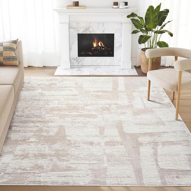 Abani Cream Area Rug for Living Room, Bedroom - Block Pattern- 9'x 12' -Durable & Easy to Clean