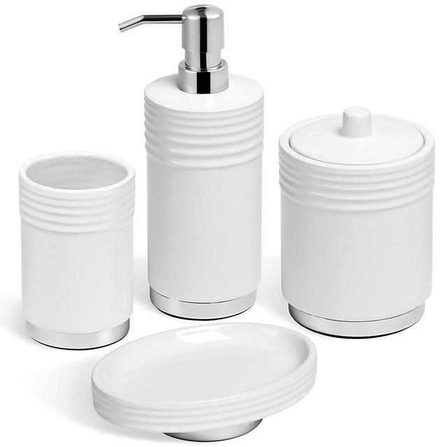 RQYIXI Bathroom Accessories Set 4 Pieces Ceramic Bathroom Accessory with Metal Base Set Contain Soap Dispenser Cotton Swab Jar Toothbrush Cup Soap Dish