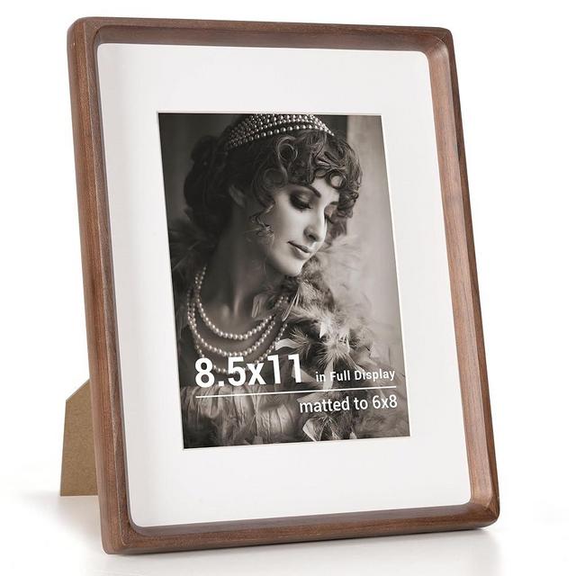 8.5 by 11 Picture Frame, USA-Sourced Walnut Wood Photo Frames with HD Tempered Glass, Handcrafted Rounded Corner 8.5 x 11 Wooden Frames Matted to 6x8 Photos, 8.5x11 Frame, Tabletop or Wall Display
