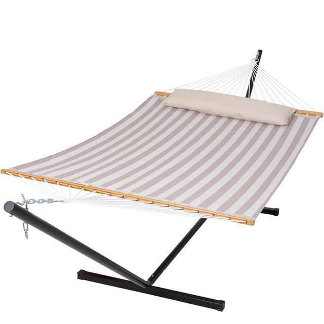 SUNCREAT Double Hammock with Stand Included, Outdoor Portable Hammock with Stand, Light Gray Stripes