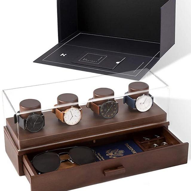 Watch Box Organizer For Men - Modern Watch Display Case and Mens Jewelry Box Organizer With Walnut Finish - Mens Accessory Valet Tray Organizer With Innovative Design Watch Holder and Mens Jewelry Box