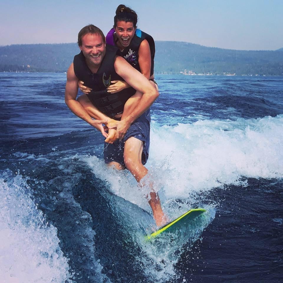 Doubles wake surfing in Lake Tahoe.