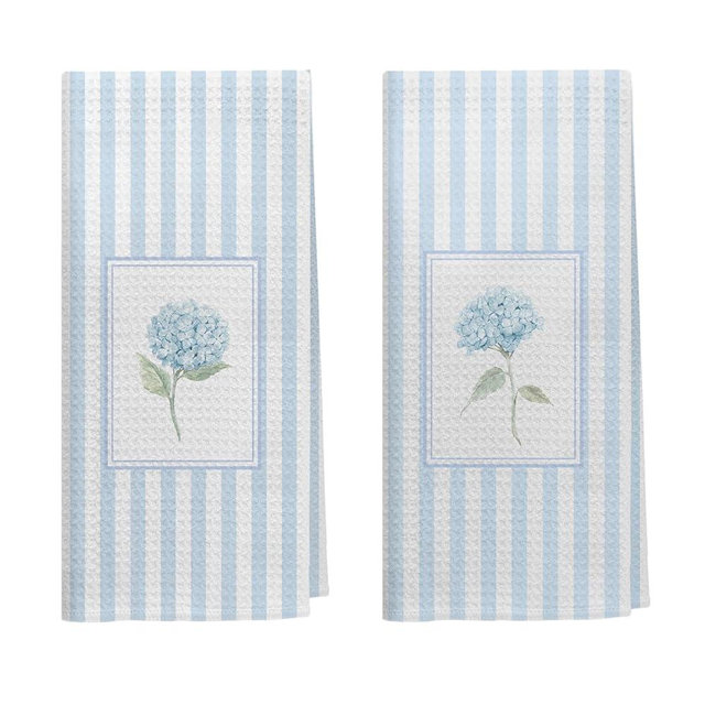 Kemingni Light Blue Hydrangea Floral Kitchen Dish Towels, Blue Hydrangea Flower Botanical Striped Decorative Hand Towels for Bathroom Kitchen, Preppy Floral Bathroom Decor, 16x24 Inch Set of 2