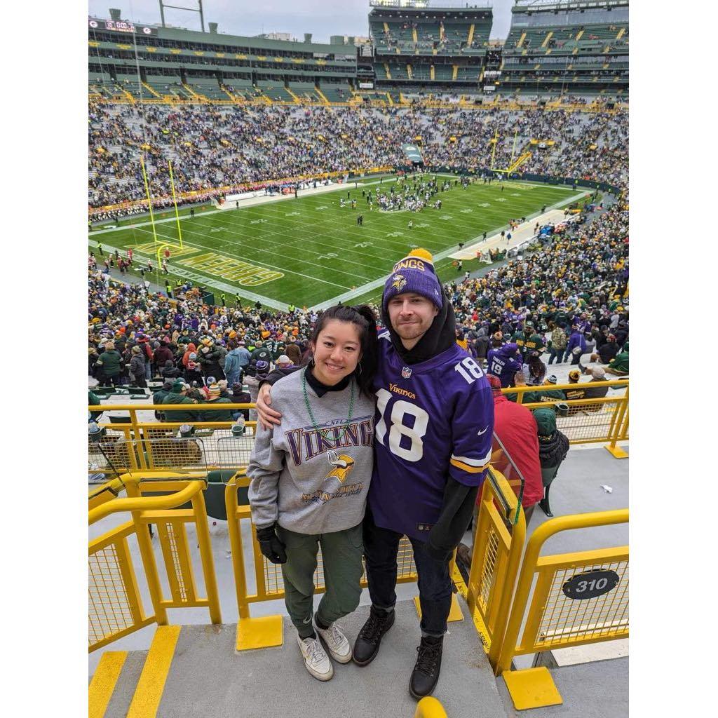 First Vikings game for Kim! Please ignore the Packers joggers. (Lambaeu Field, Oct. 2023)