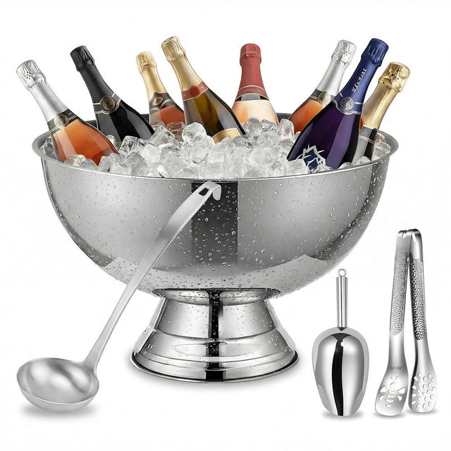 Explicraft Ice Bucket for Parties and Punch Bowl Set, 40cm Large Stainless Steel Champagne Chiller with Ladle Scoop and Tongs, Pedestal Beverage Tub for Wedding Mimosa Bar and Cocktail Station(Silver)