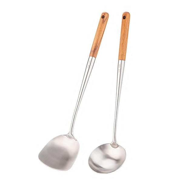 Wok Spatula and Ladle Tools Set,16.5-17'' Long Handle 304 Stainless Steel  Wide Wok Spatula and Ladle Set for Wok Cooking,Heat Resistant Wok Utensils