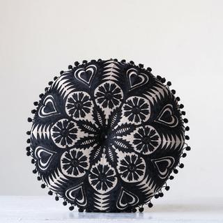 Round Black Cotton Chambray Pillow with Pom Poms
