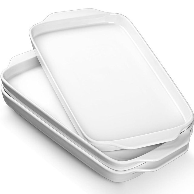 Large Serving Platter with Handles, 16" x 9" Porcelain Serving Tray, White Rectangular Platters for Entertaining & Serving Food, Serving Trays for Party, Appetizer, Charcuterie - Set of 3