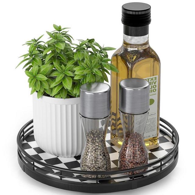 Black and White Kitchen Lazy Susan Turntable – Checkered Round Decorative Tray, 9" Table Top Oak Wood Lazy Susan for Cookies, Dining Table Organizer, Small Kitchen Table Centerpiece